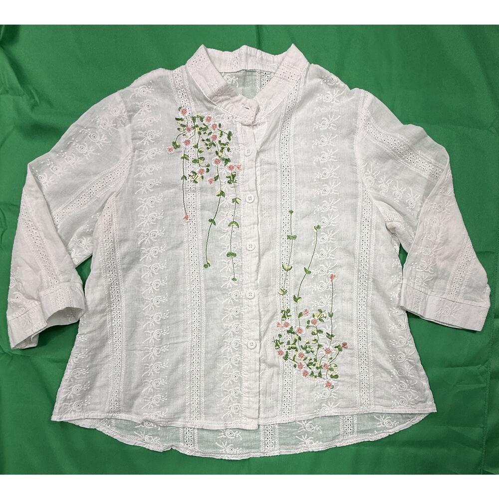 White eyelet Sz L Blossom Embroidered blouse for Women - Picture 2 of 10